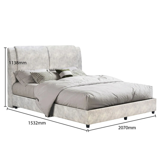 Modern bed with black frame and gray bedding on a white background