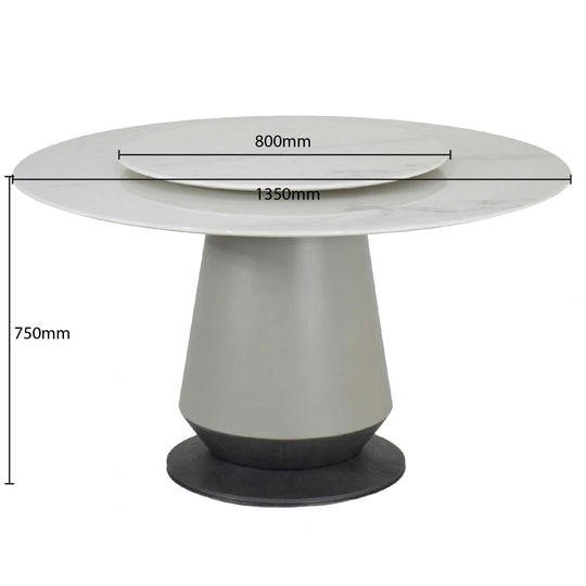 Round dining table with dimensions labeled on a white background