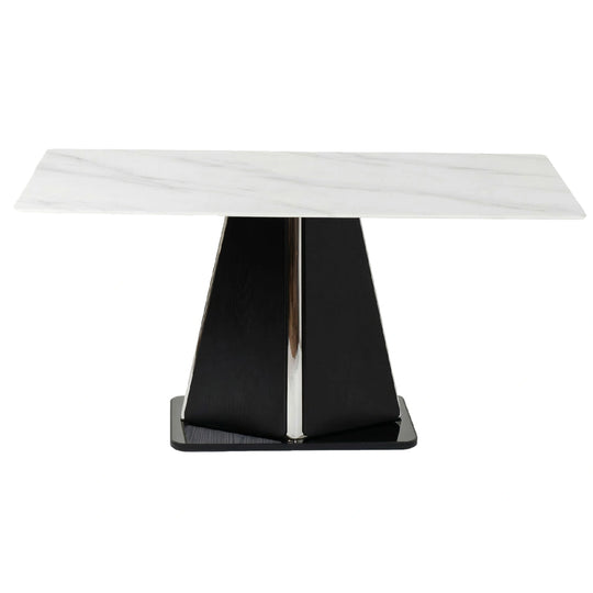 Modern table with white marble top and black base on a white background