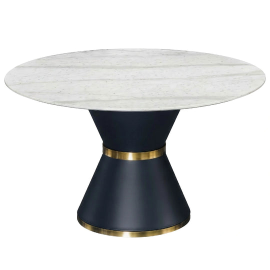 Round marble table with a dark base and gold band on a white 
