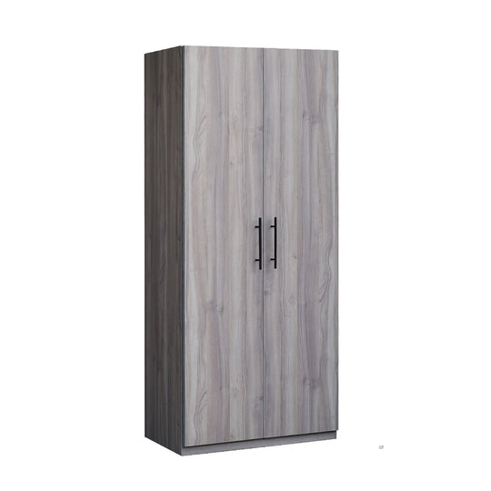 Modern 2-door wardrobe in a cool-toned grey walnut wood finish with sleek black handles.

