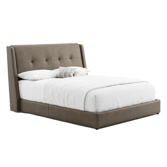 Bed with brown upholstered headboard and white bedding on a white background