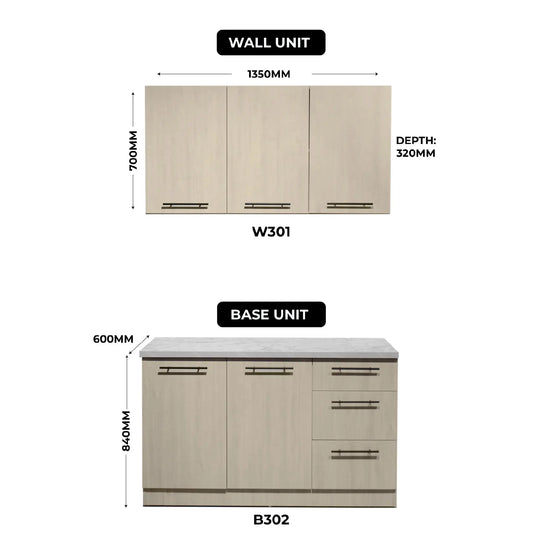 Dimensions of wall and base units with labels and measurements on a white background
