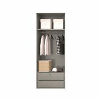 Gray wardrobe with clothes, boxes, and a basket on a white background