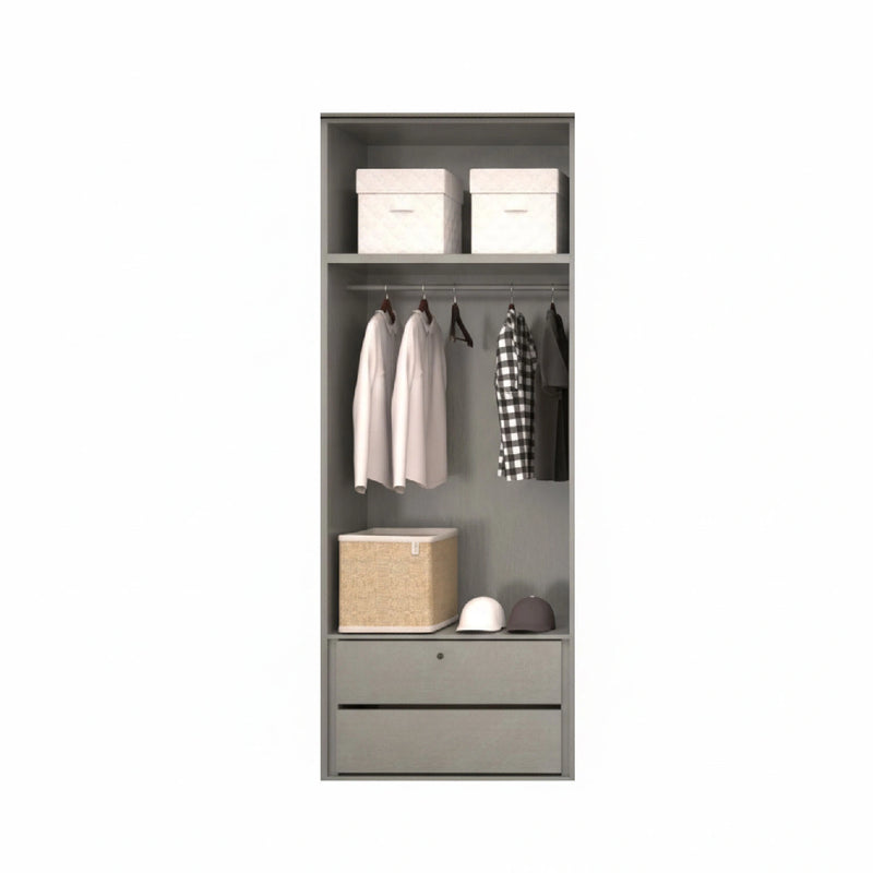 Gray wardrobe with clothes, boxes, and a basket on a white background