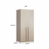 Gray wardrobe with labeled compartments and features on a white background