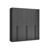 Modern 6-door charcoal grey wardrobe featuring long slim vertical black handles and a matte finish.