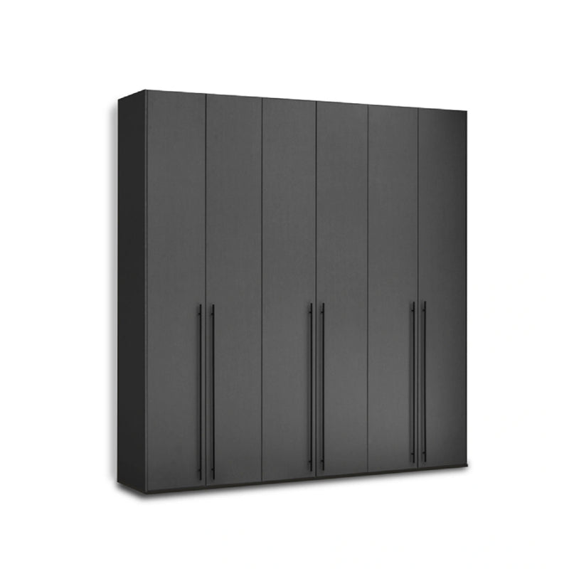 Modern 6-door charcoal grey wardrobe featuring long slim vertical black handles and a matte finish.