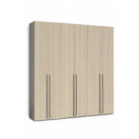 Modern 6-door bedroom closet in a light olive cherry wood finish with slim vertical black handles.