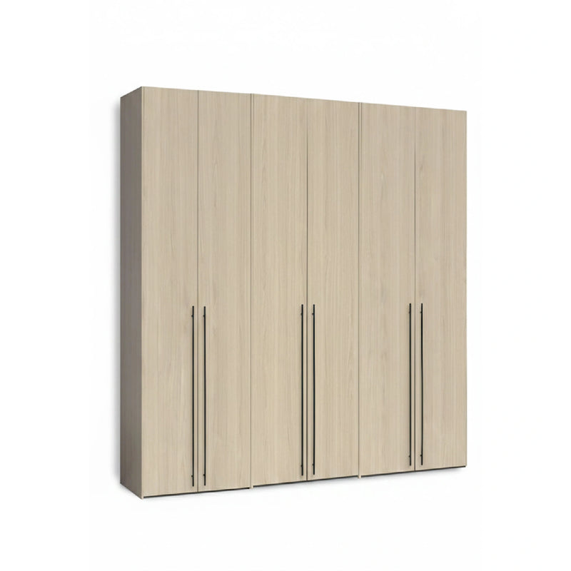Modern 6-door bedroom closet in a light olive cherry wood finish with slim vertical black handles.