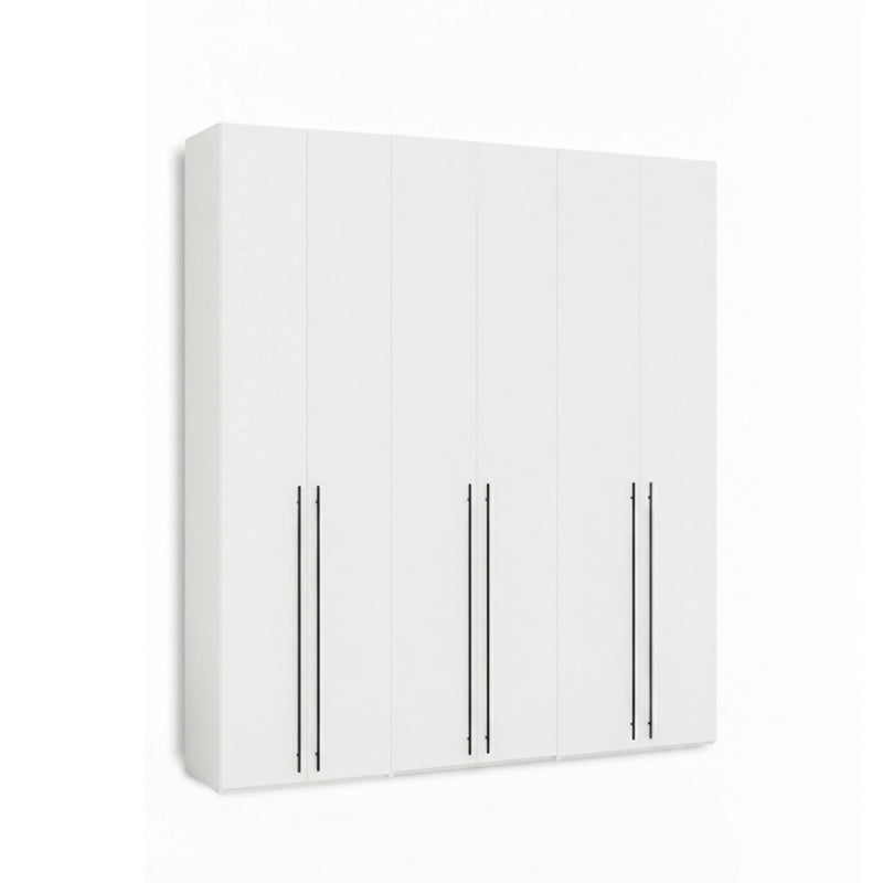 Modern minimalist 6-door master bedroom closet in a sleek white finish with long slim vertical handles.
