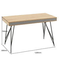 Wooden desk with dimensions labeled on a white background