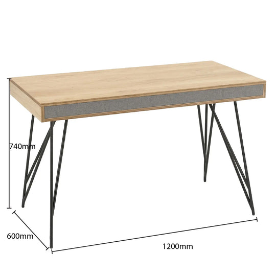 Wooden desk with dimensions labeled on a white background