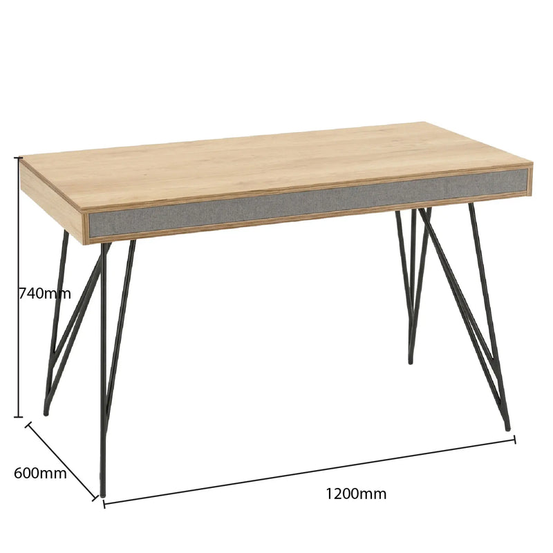 Wooden desk with dimensions labeled on a white background
