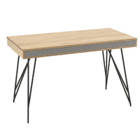 Wooden desk with black metal legs on a white background
