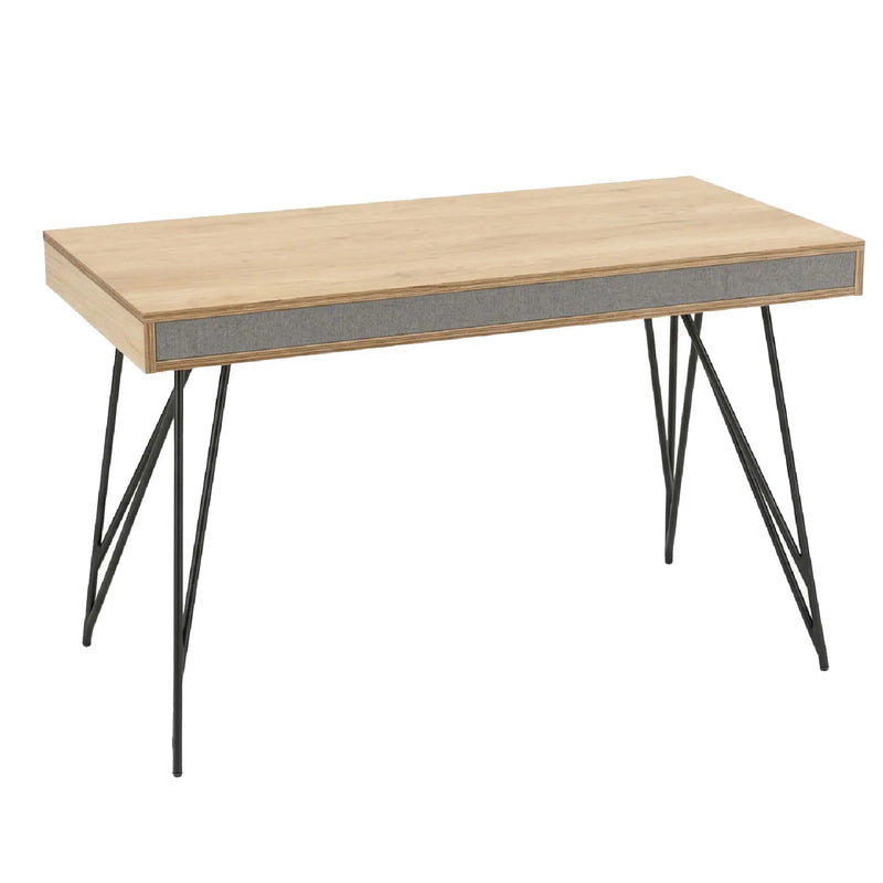 Wooden desk with black metal legs on a white background