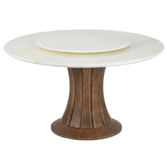 Round wooden table with white marble top on a white background