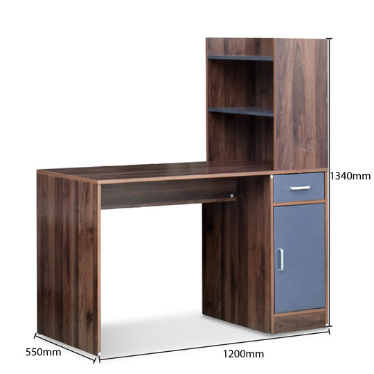 Wooden desk with shelves and a cabinet, showing dimensions on a white background