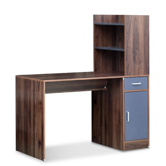 Wooden desk with shelves and a cabinet on a white background