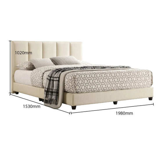 Beige upholstered bed with dimensions marked on a white background