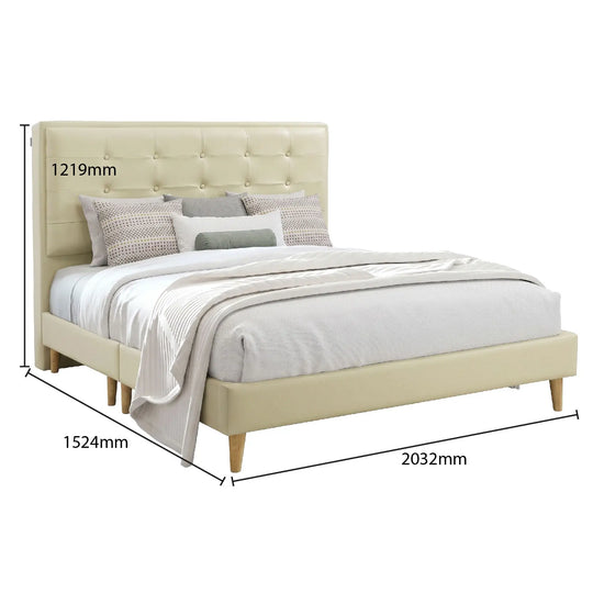 Beige upholstered bed with dimensions labeled on a white background