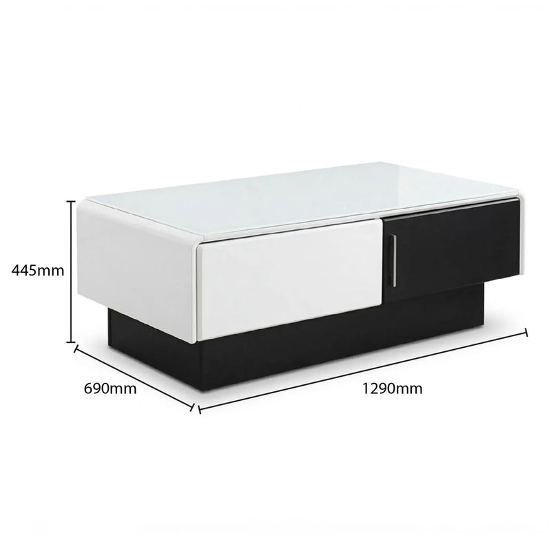 White and black coffee table with dimensions labeled on a white background