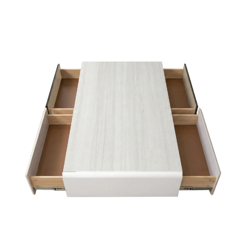 White bed frame with open drawers on a white background