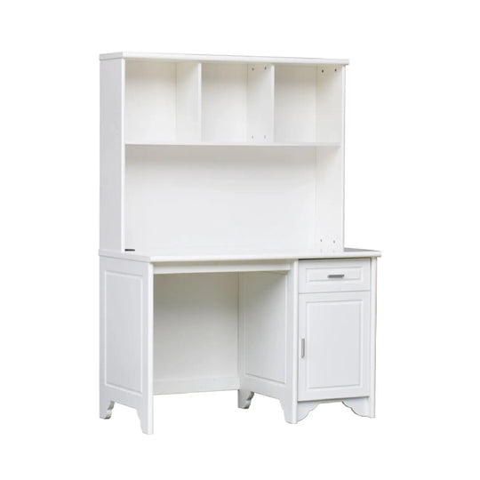 White corner desk with storage shelves on a white background