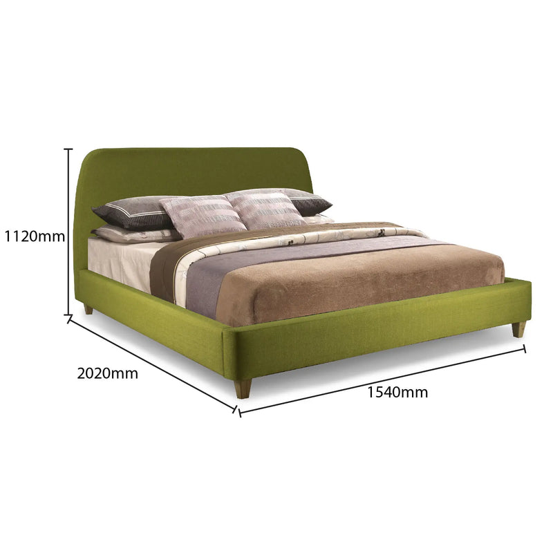 Green bed with brown bedding and dimensions on a white background
