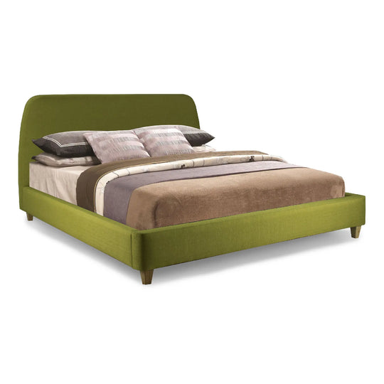 Green bed with brown and beige bedding on a white background