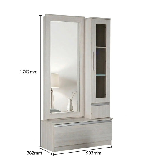 White display cabinet with mirror and shelves, showing dimensions on a white background