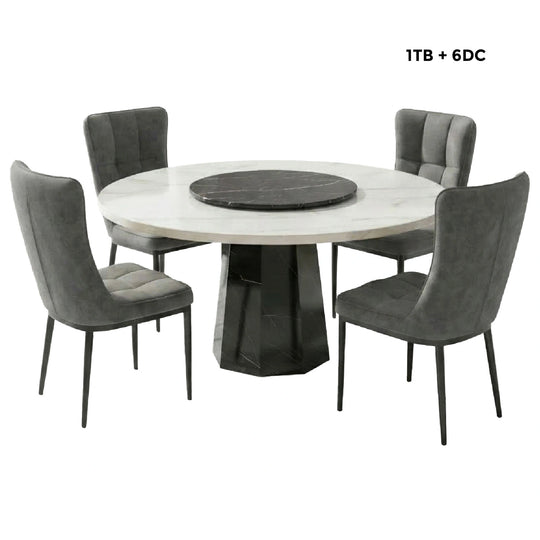 Round dining table with marble top and black base, surrounded by four gray chairs on a white background.