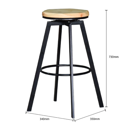 Bar stool with wooden seat and black metal legs, shown with dimensions on a white background.