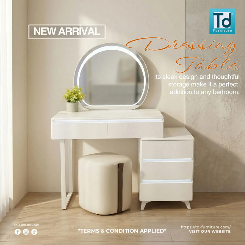Dressing table with mirror and stool in a bedroom setting, featuring TD Furniture logo.