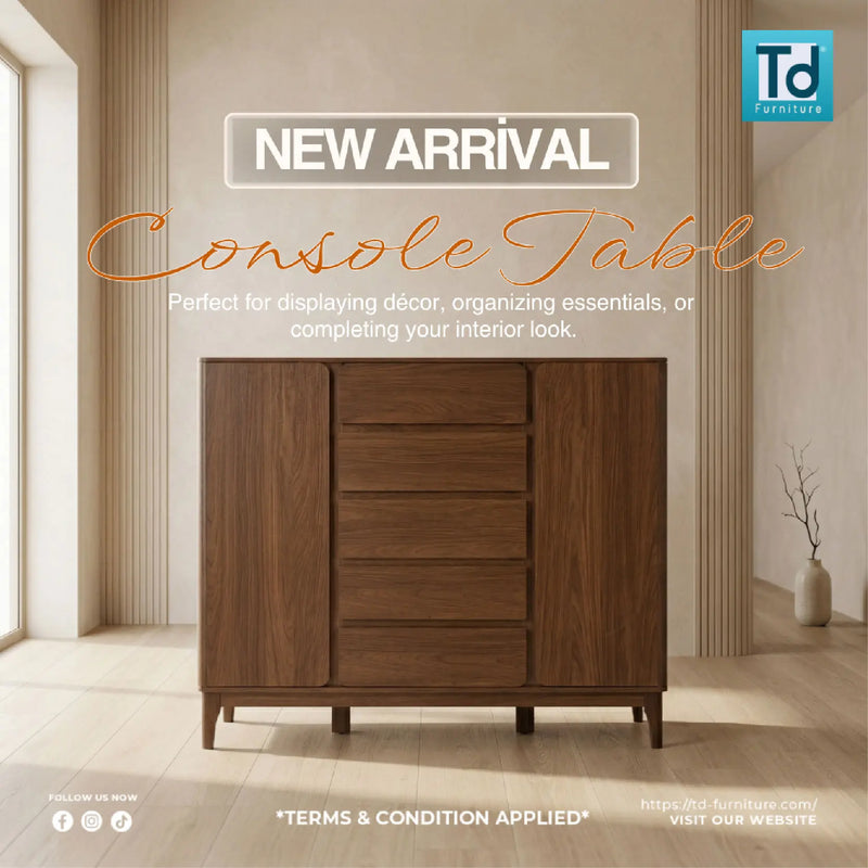 Wooden console table with promotional text in a room setting, featuring the brand 'T&F'.