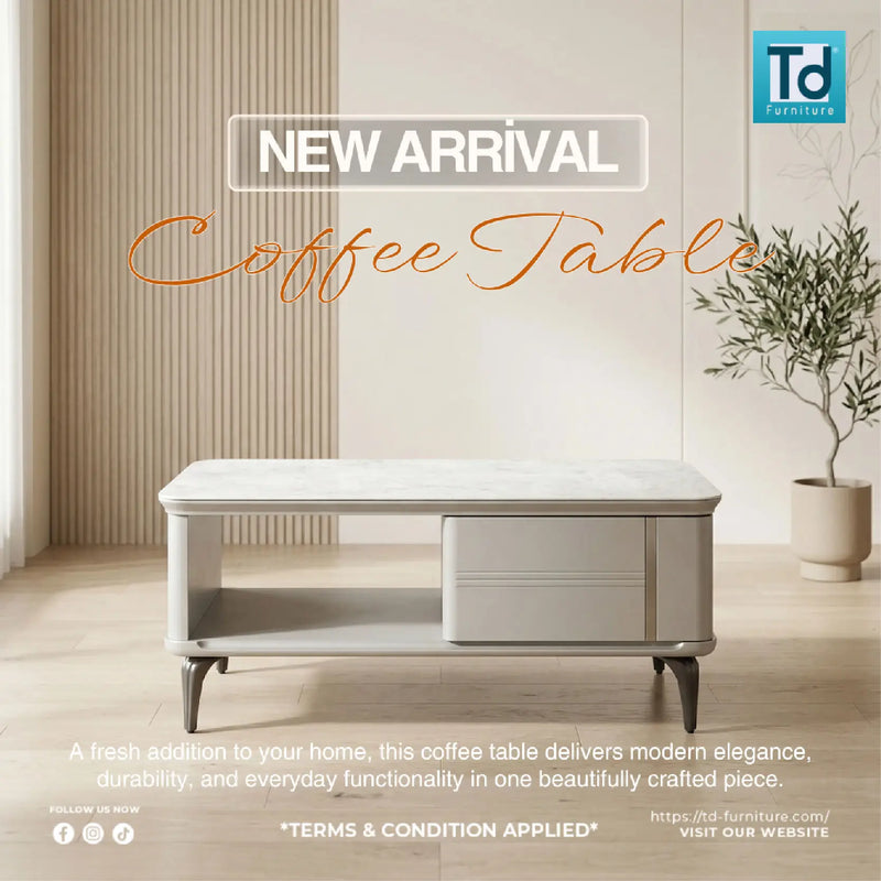 White coffee table with 'New Arrival' text in a room setting, featuring Td Furniture logo.