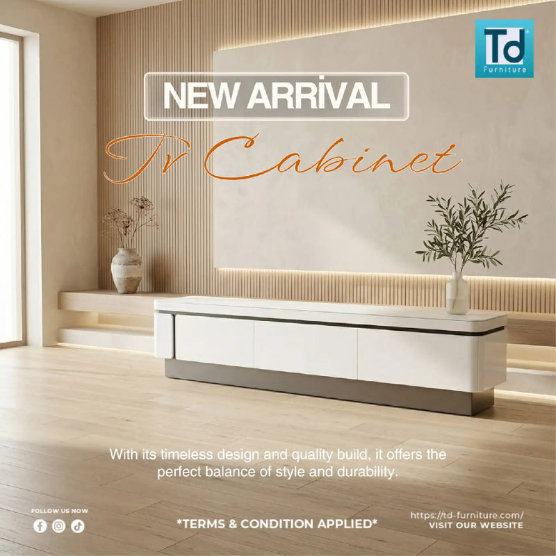 White TV cabinet in a modern living room with 'Td Furniture' branding.