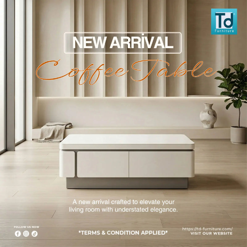 Modern coffee table in a living room setting with 'T&F Furniture' branding.