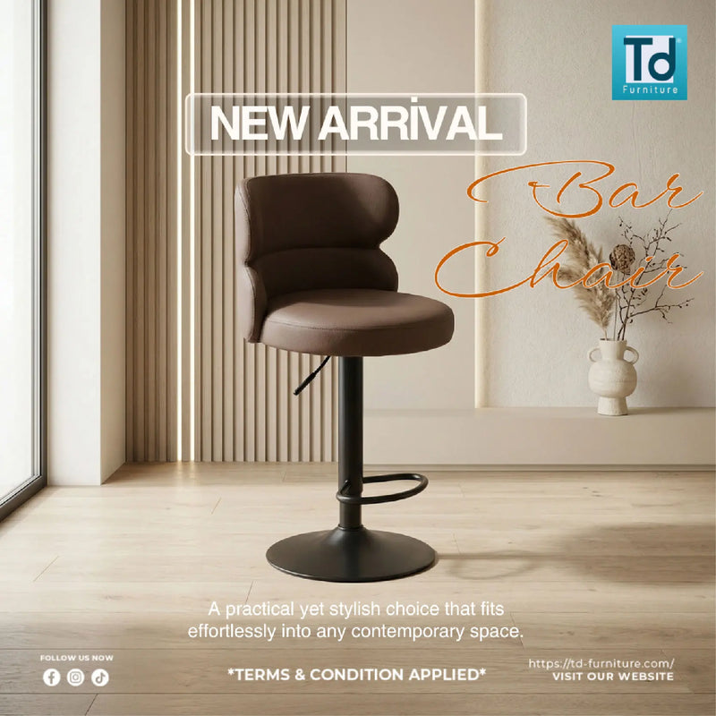 Brown bar stool in a modern interior setting with 'TD Furniture' branding.