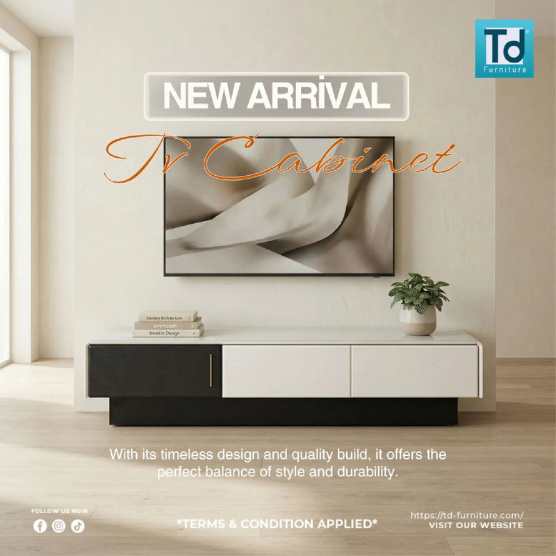 TV cabinet in a modern living room with 'New Arrival' text and TD Furniture logo.