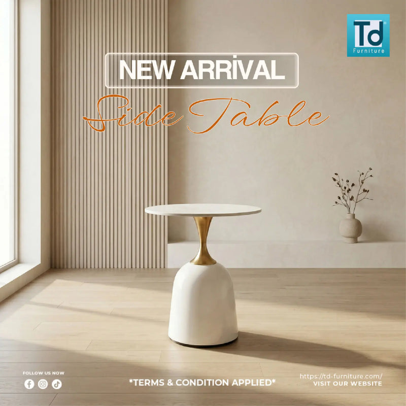 Modern side table in a minimalistic room with 'New Arrival' text and TD Furniture logo.