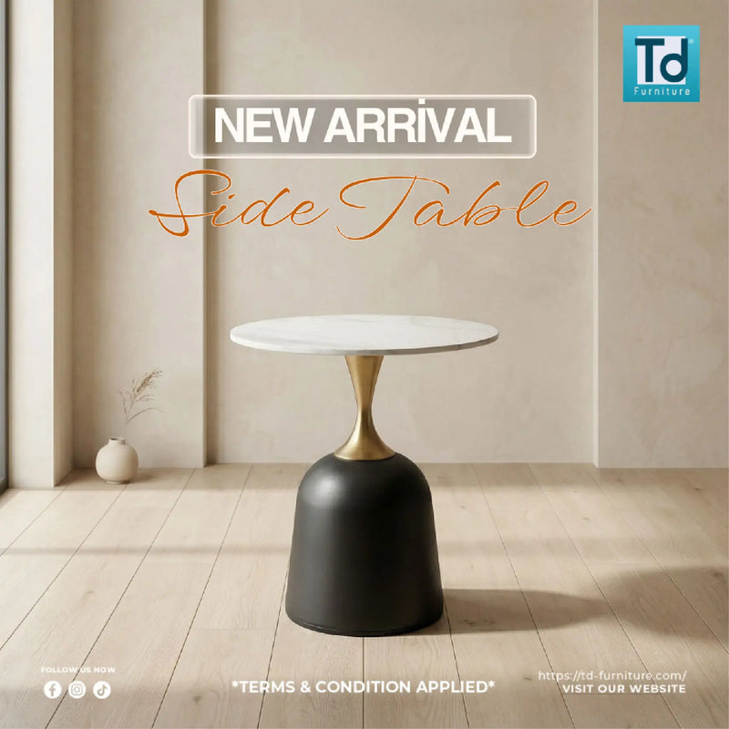 Modern side table with 'New Arrival' text in a minimalistic room setting