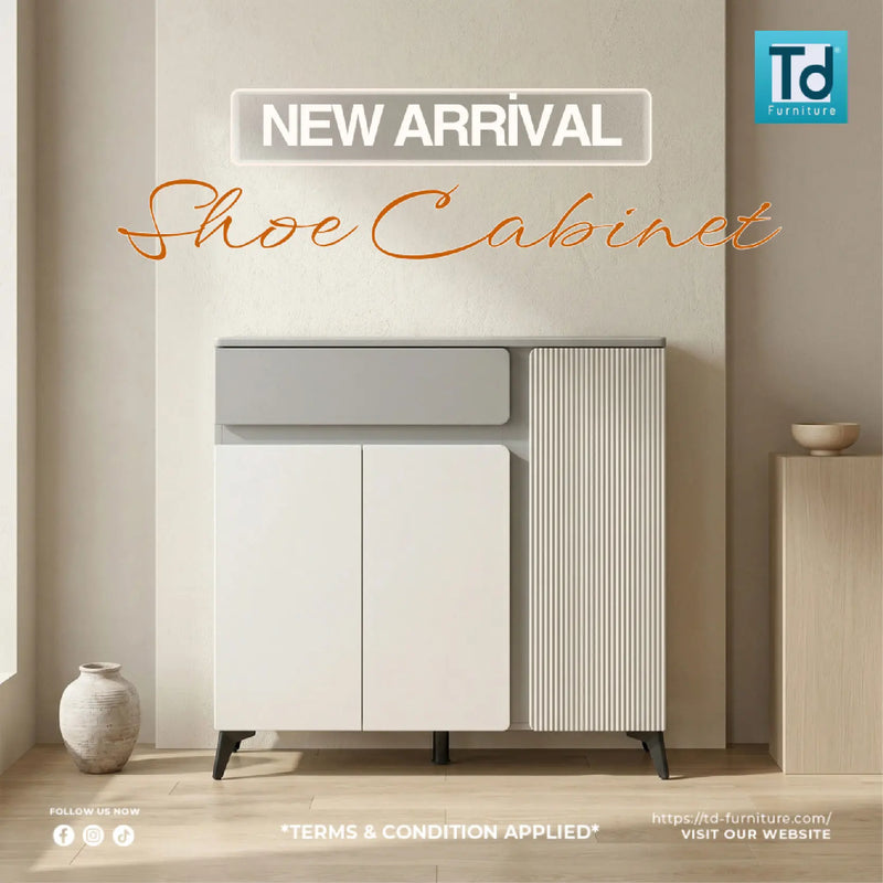 Shoe cabinet with 'New Arrival' text and TD Furniture logo in a minimalistic room setting.