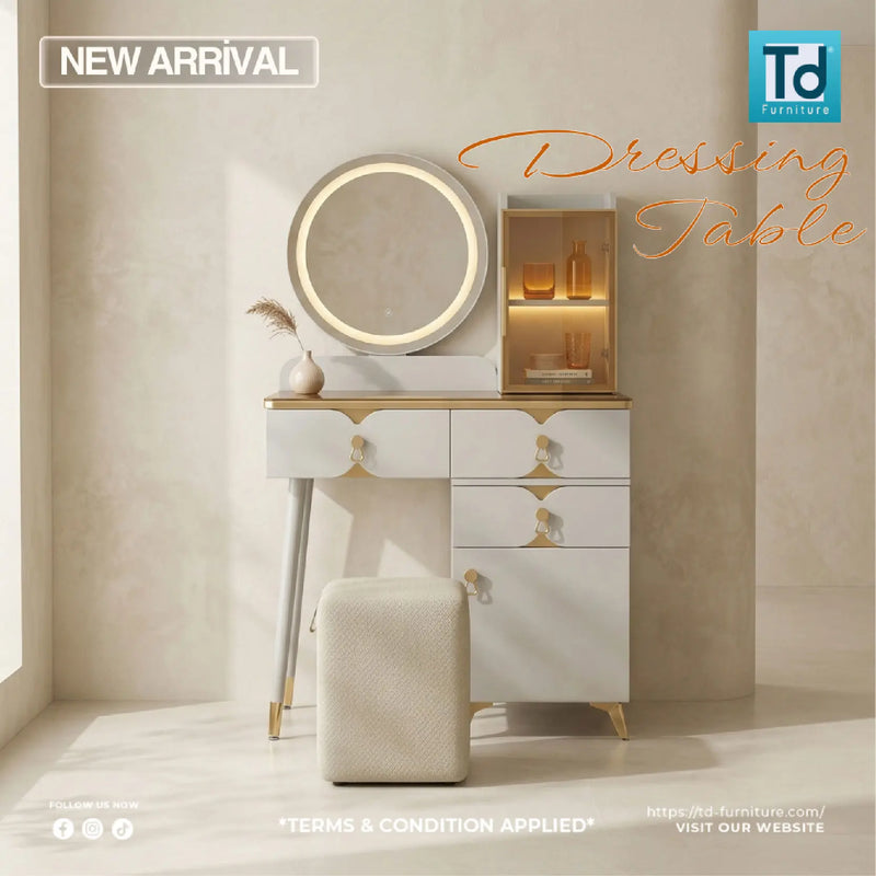 Dressing table with mirror and stool in a room setting, featuring TD Furniture logo.