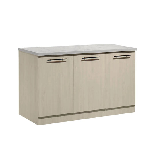 Beige kitchen cabinet with a white countertop on a white background