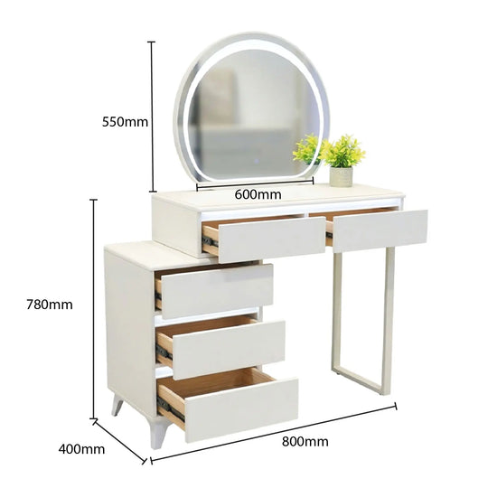 Dressing table with round mirror and dimensions on a white background