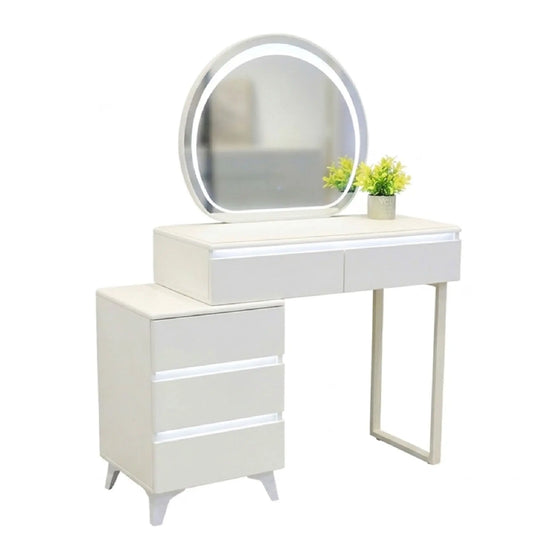 White vanity table with round mirror and drawers on a white background