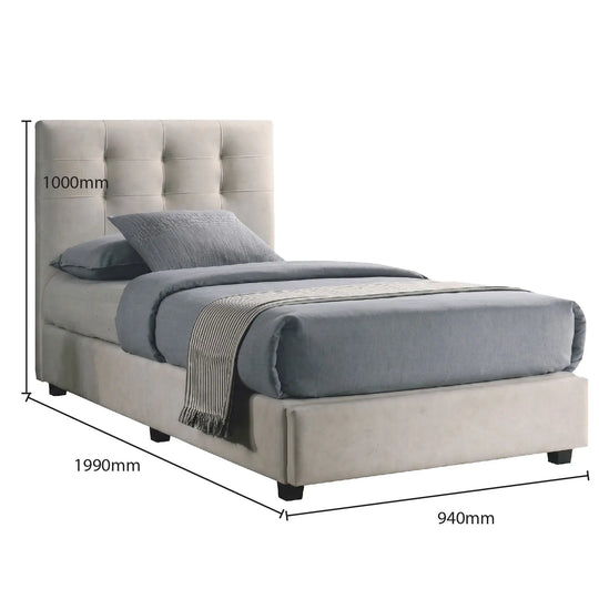 Gray upholstered bed with dimensions labeled on a white background