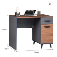 Wooden desk with dimensions labeled on a white background