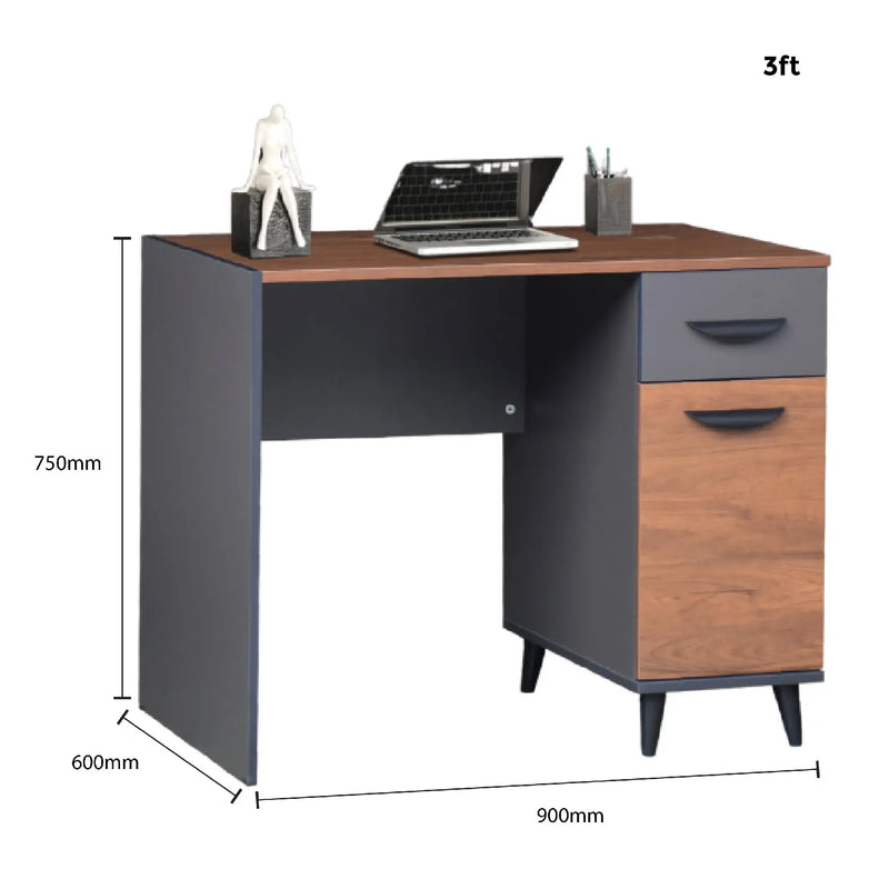 Wooden desk with dimensions labeled on a white background